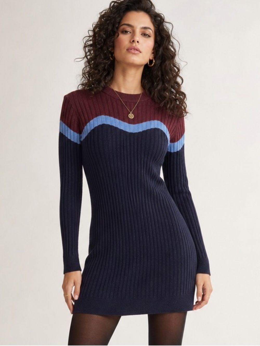 COS Burgundy, Light Blue & Navy Ribbed Knit Long Sleeve Mini Dress. 100% Wool